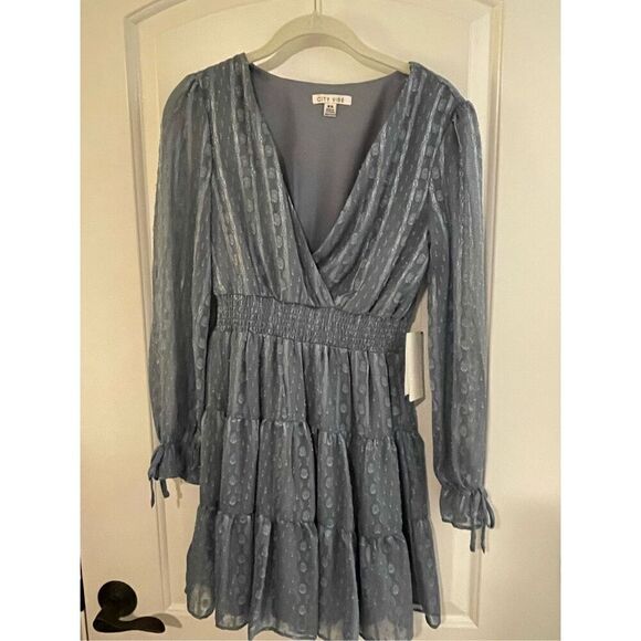 No Brand Dresses & Skirts - Women's Lined Chiffon Long Sleeve Tiered Ruffle Hem Wrap Dress Blue Size XS NWT